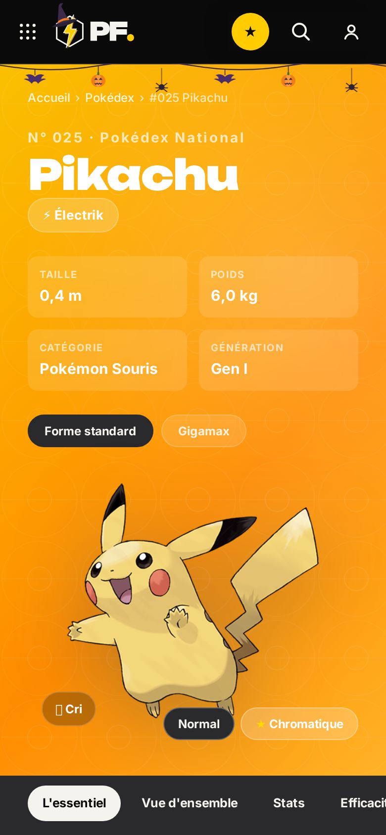 La même fiche Pokédex sur téléphone, en mode sombre