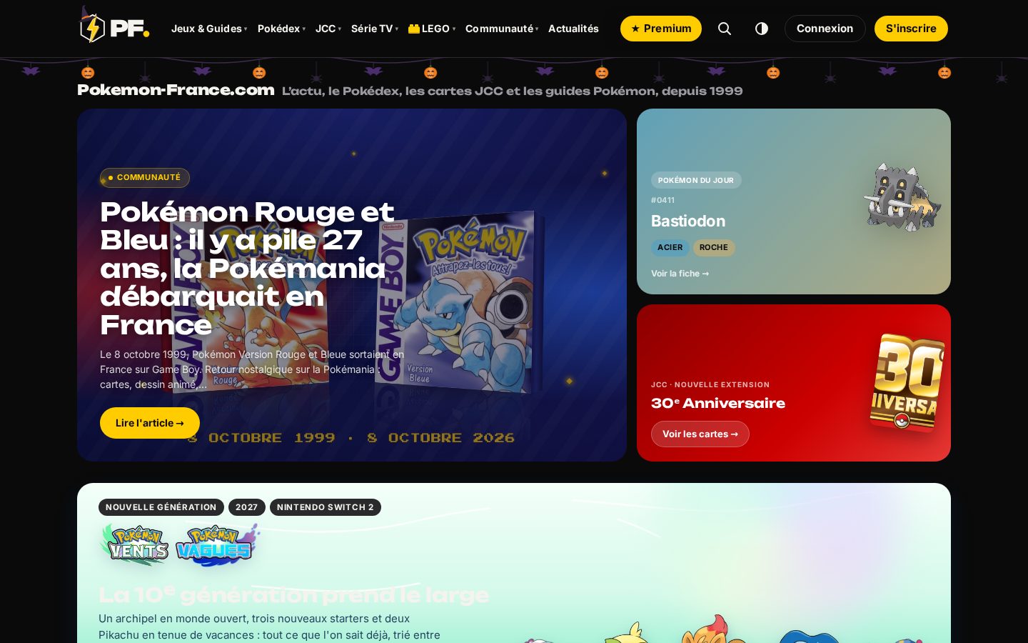 L’accueil de Pokemon-France.com en mode sombre, têtière noire et logo blanc