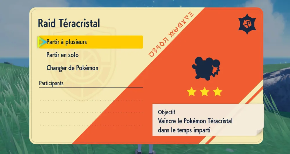 L'écran de lancement d'un raid : silhouette du Pokémon, type Téra, nombre d'étoiles et équipe.