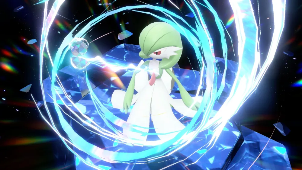Un Gardevoir téracristallisé : son corps se couvre de cristal et une couronne apparaît sur sa tête.