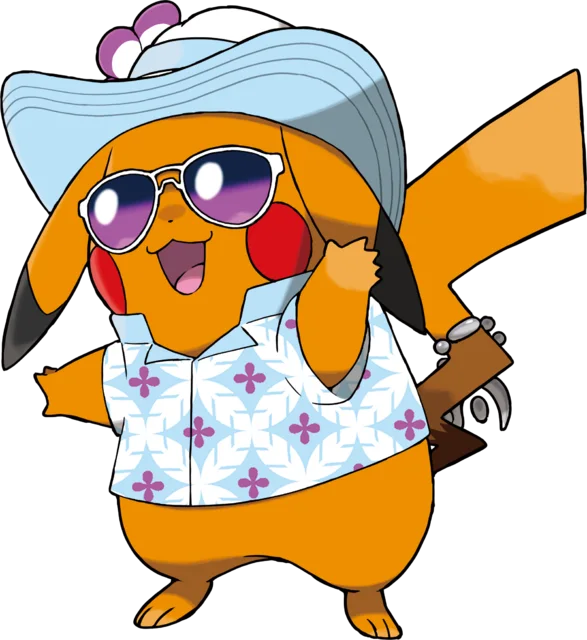Tornachu, Pikachu spécial de Pokémon Vents et Vagues, avec chapeau et lunettes de soleil